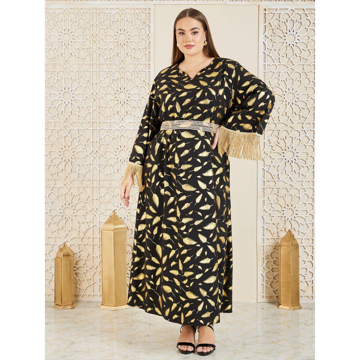 Styli Plus Feather Foil Print Tassel Trim Sleeves Jalabiya-women-arabicclothing-jalabiyas-image-1