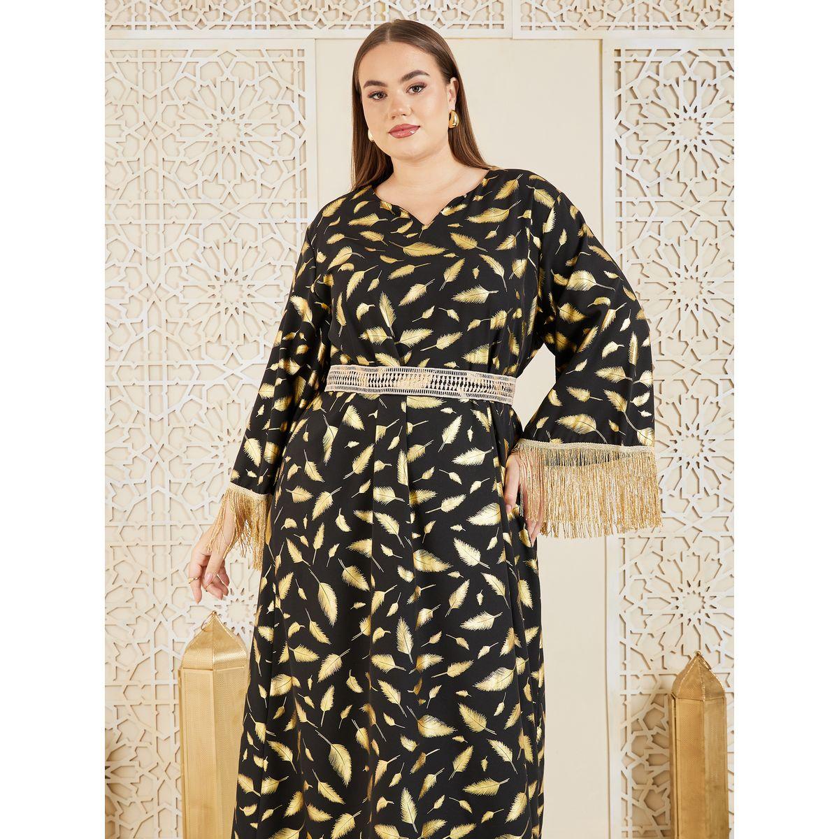Styli Plus Feather Foil Print Tassel Trim Sleeves Jalabiya-women-arabicclothing-jalabiyas-image-2
