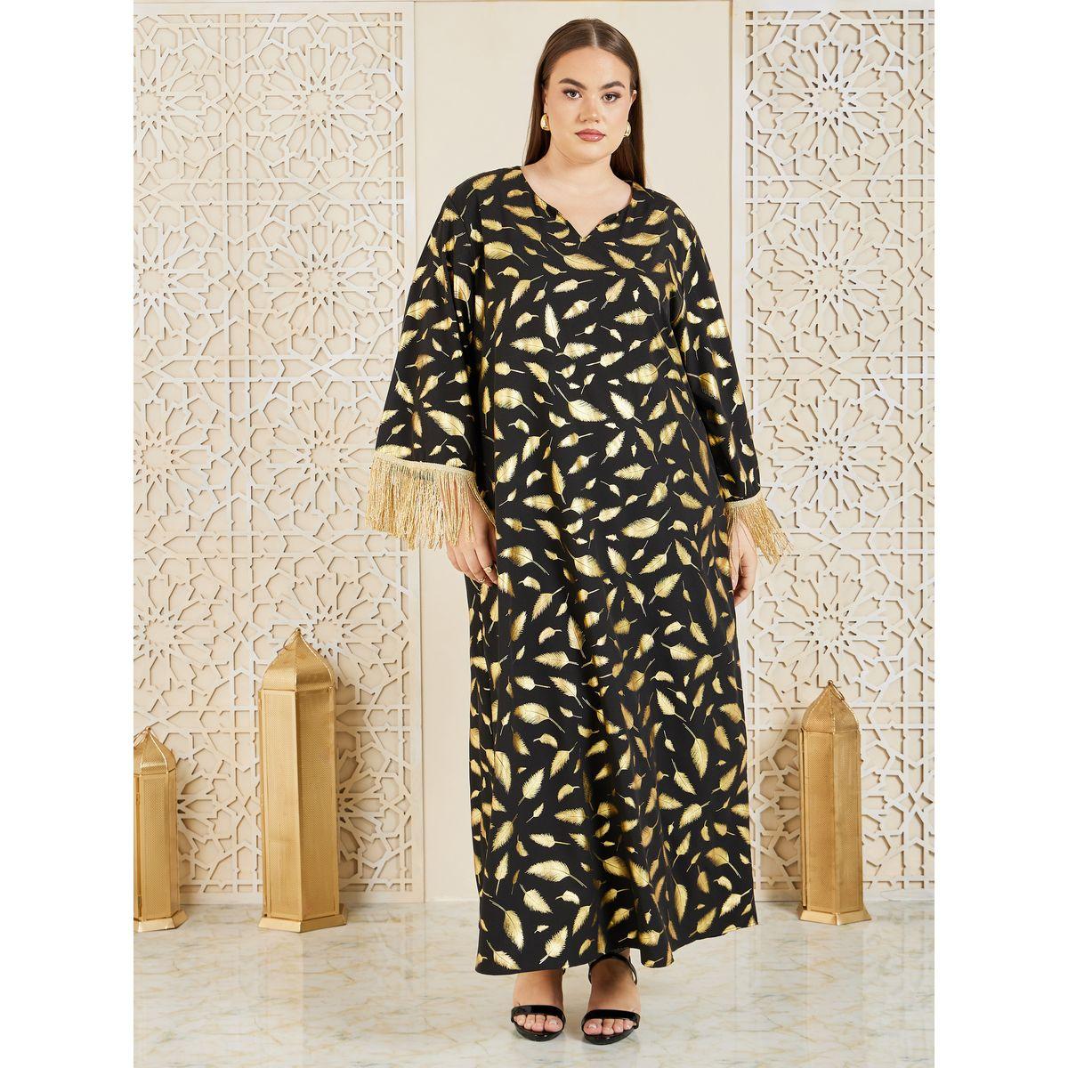 Styli Plus Feather Foil Print Tassel Trim Sleeves Jalabiya-women-arabicclothing-jalabiyas-image-3