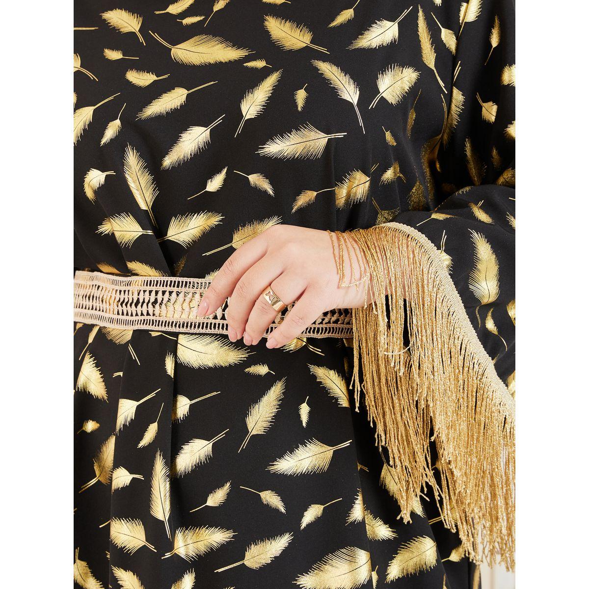 Styli Plus Feather Foil Print Tassel Trim Sleeves Jalabiya-women-arabicclothing-jalabiyas-image-4
