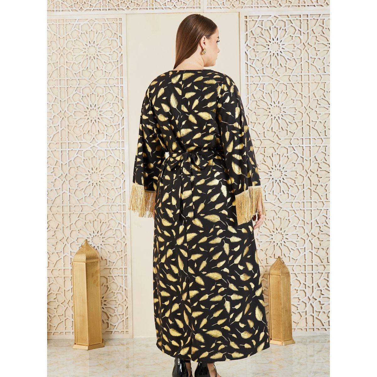 Styli Plus Feather Foil Print Tassel Trim Sleeves Jalabiya-women-arabicclothing-jalabiyas-image-5