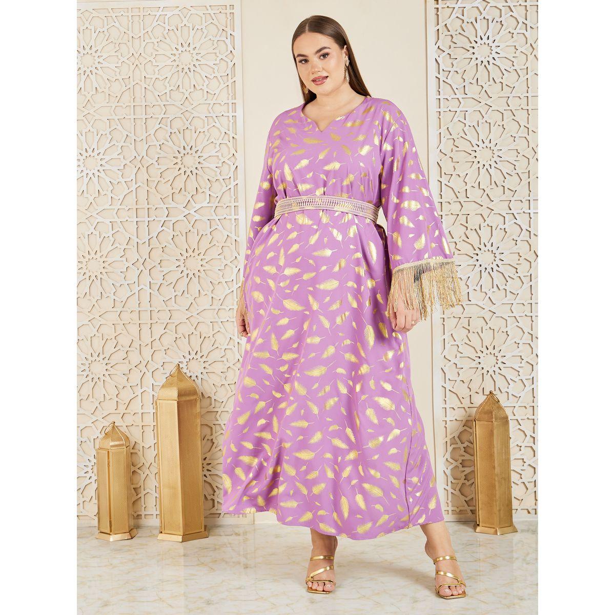 Styli Plus Feather Foil Print Tassel Trim Sleeves Jalabiya-women-arabicclothing-jalabiyas-image-1
