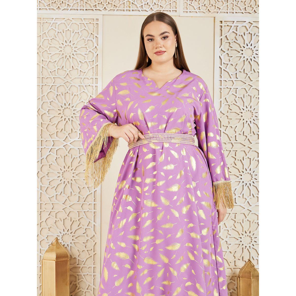 Styli Plus Feather Foil Print Tassel Trim Sleeves Jalabiya-women-arabicclothing-jalabiyas-image-2