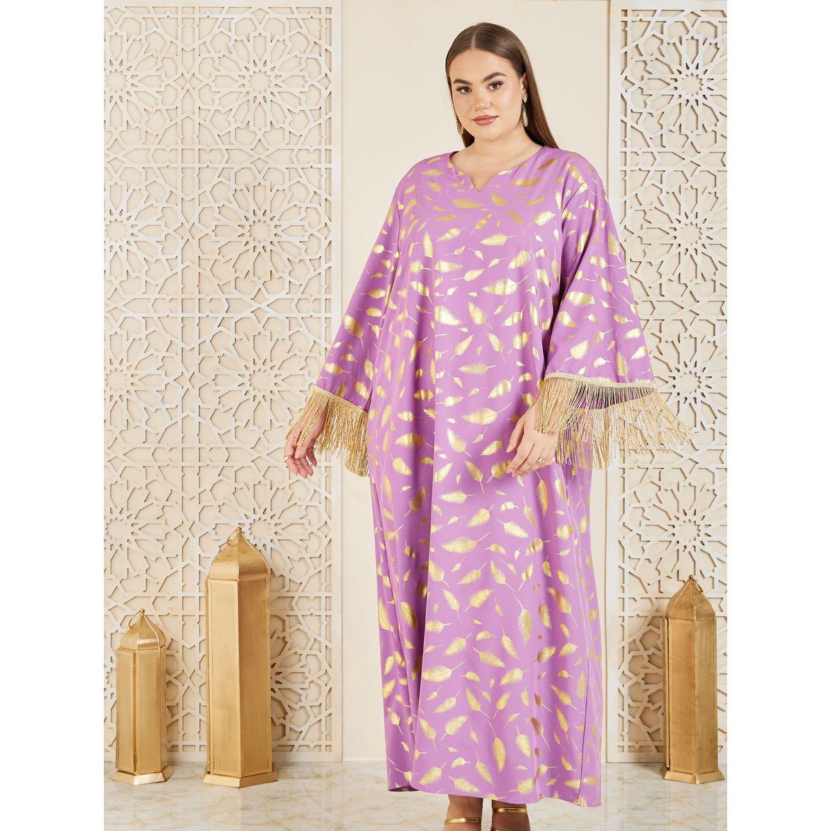 Styli Plus Feather Foil Print Tassel Trim Sleeves Jalabiya-women-arabicclothing-jalabiyas-image-3