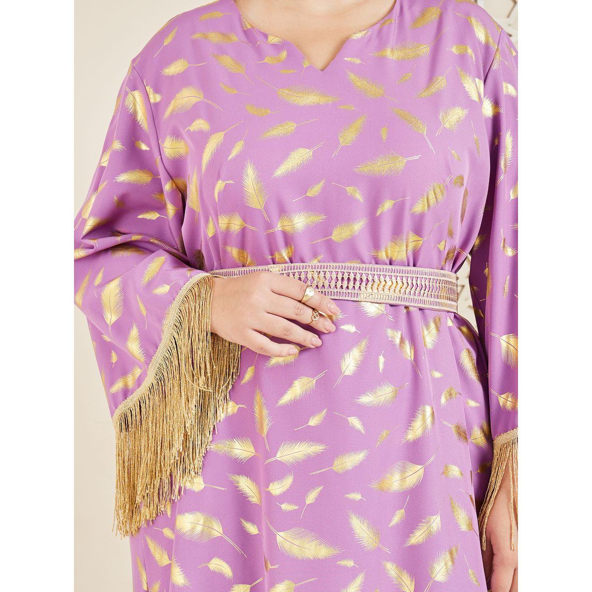 Styli Plus Feather Foil Print Tassel Trim Sleeves Jalabiya-women-arabicclothing-jalabiyas-image-4