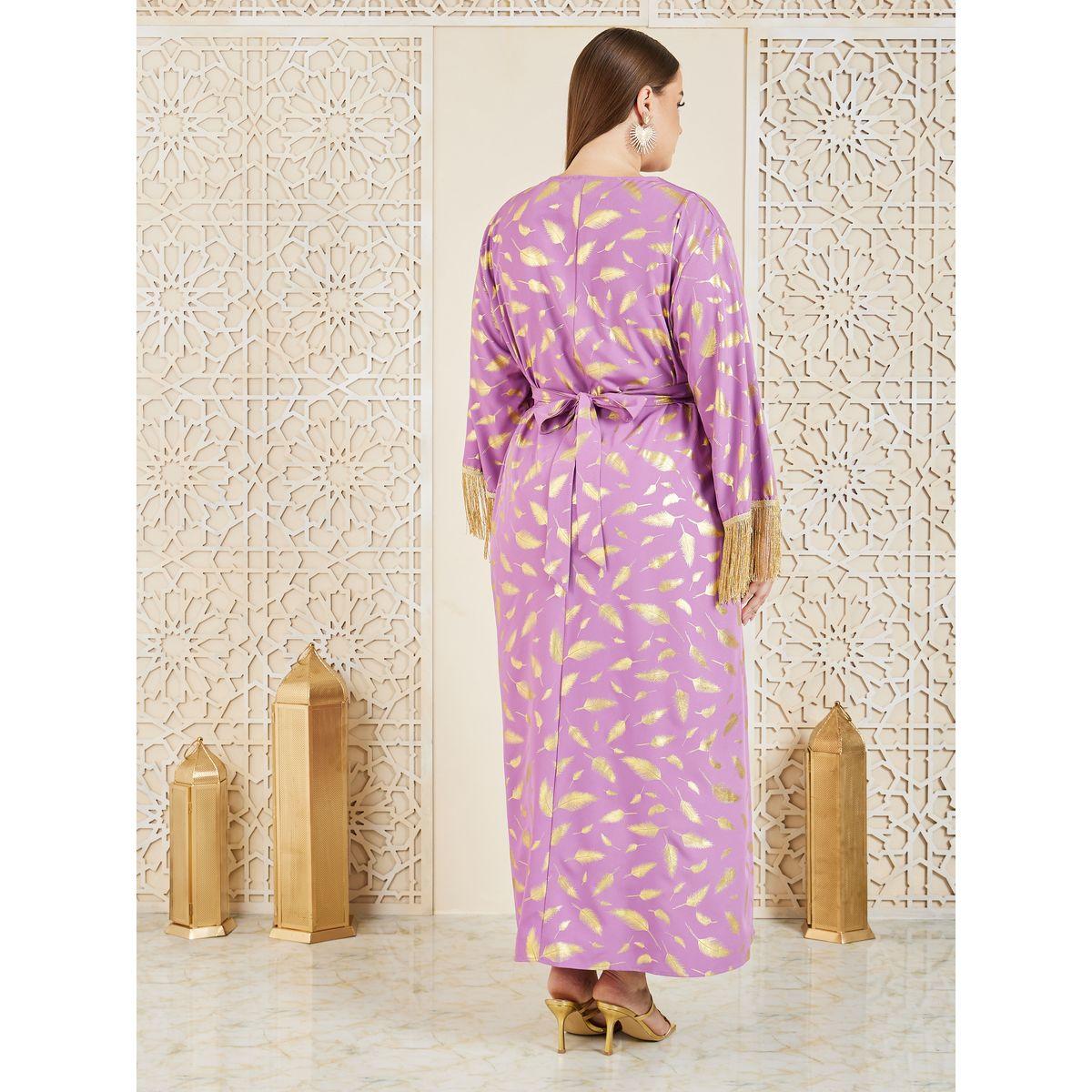 Styli Plus Feather Foil Print Tassel Trim Sleeves Jalabiya-women-arabicclothing-jalabiyas-image-5