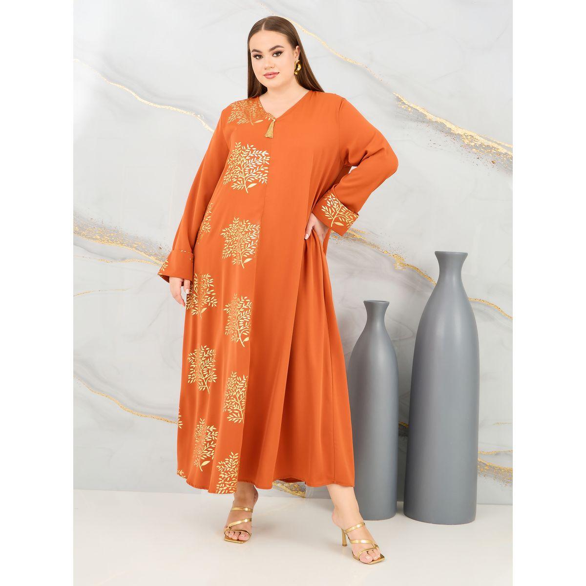 Styli Plus Damask Print A-Line Jalabiya-women-arabicclothing-jalabiyas-image-1