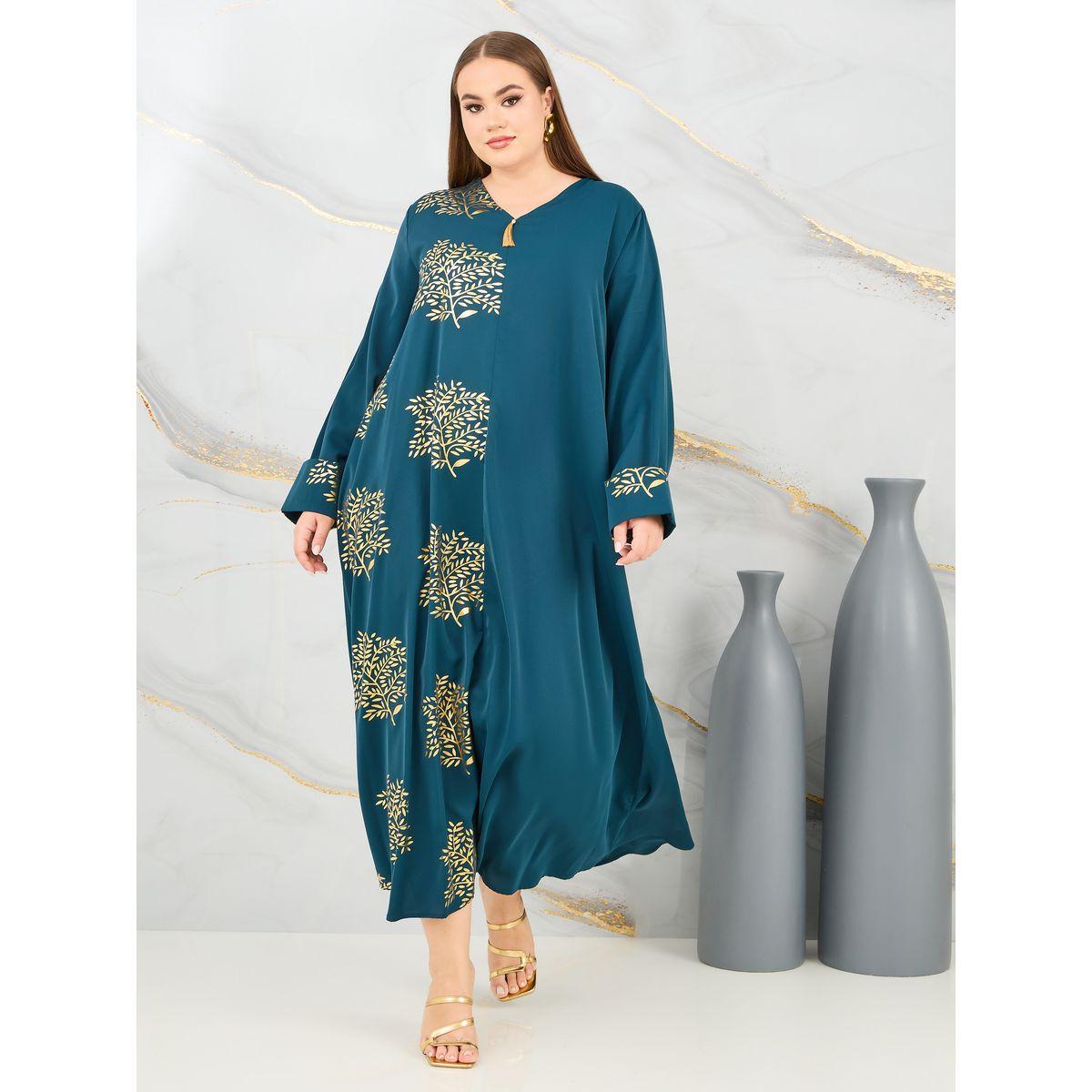 Styli Plus Damask Foil Print Jalabiya-women-arabicclothing-jalabiyas-image-1