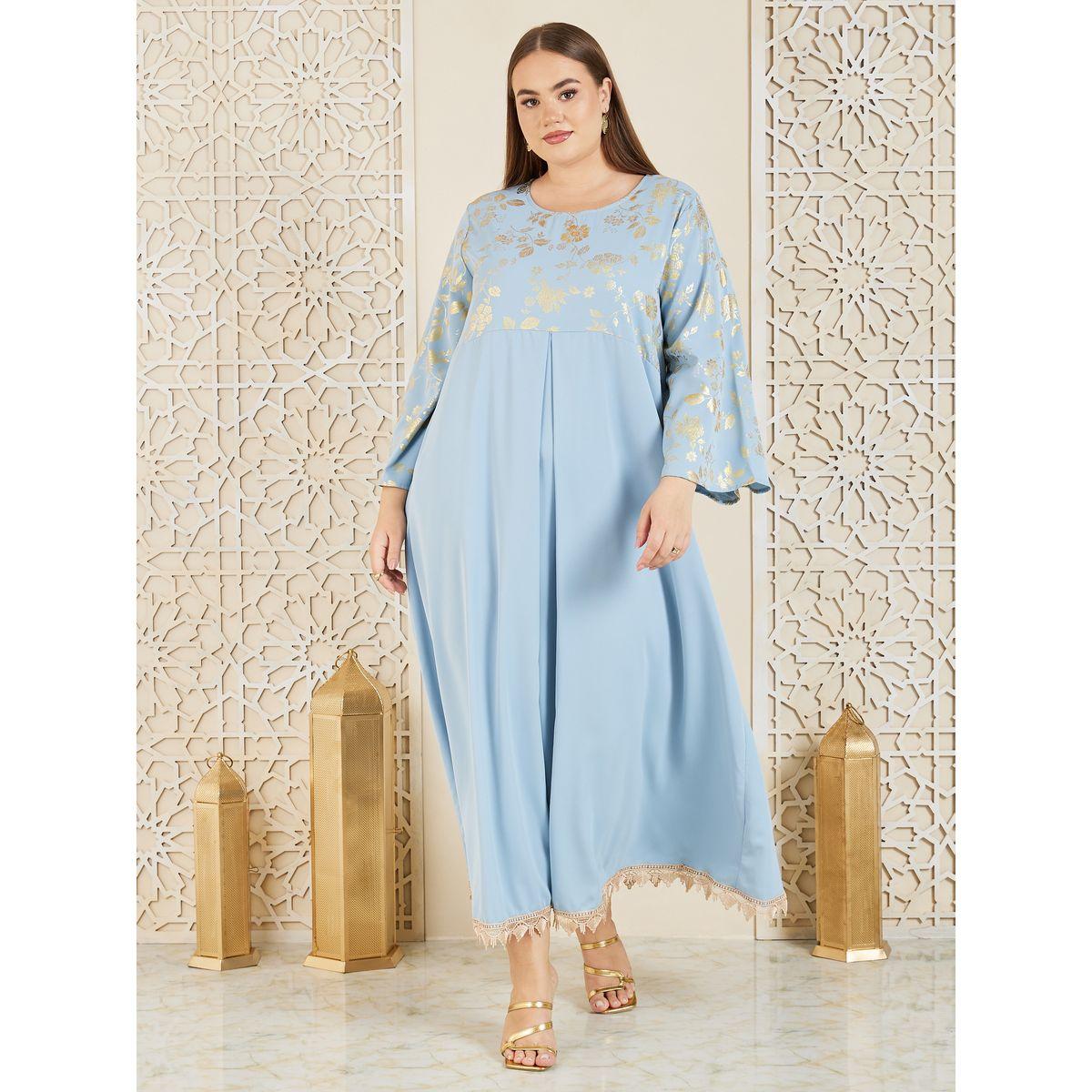 Styli Plus Foil Print Bow Pleat Jalabiya-women-arabicclothing-jalabiyas-image-1