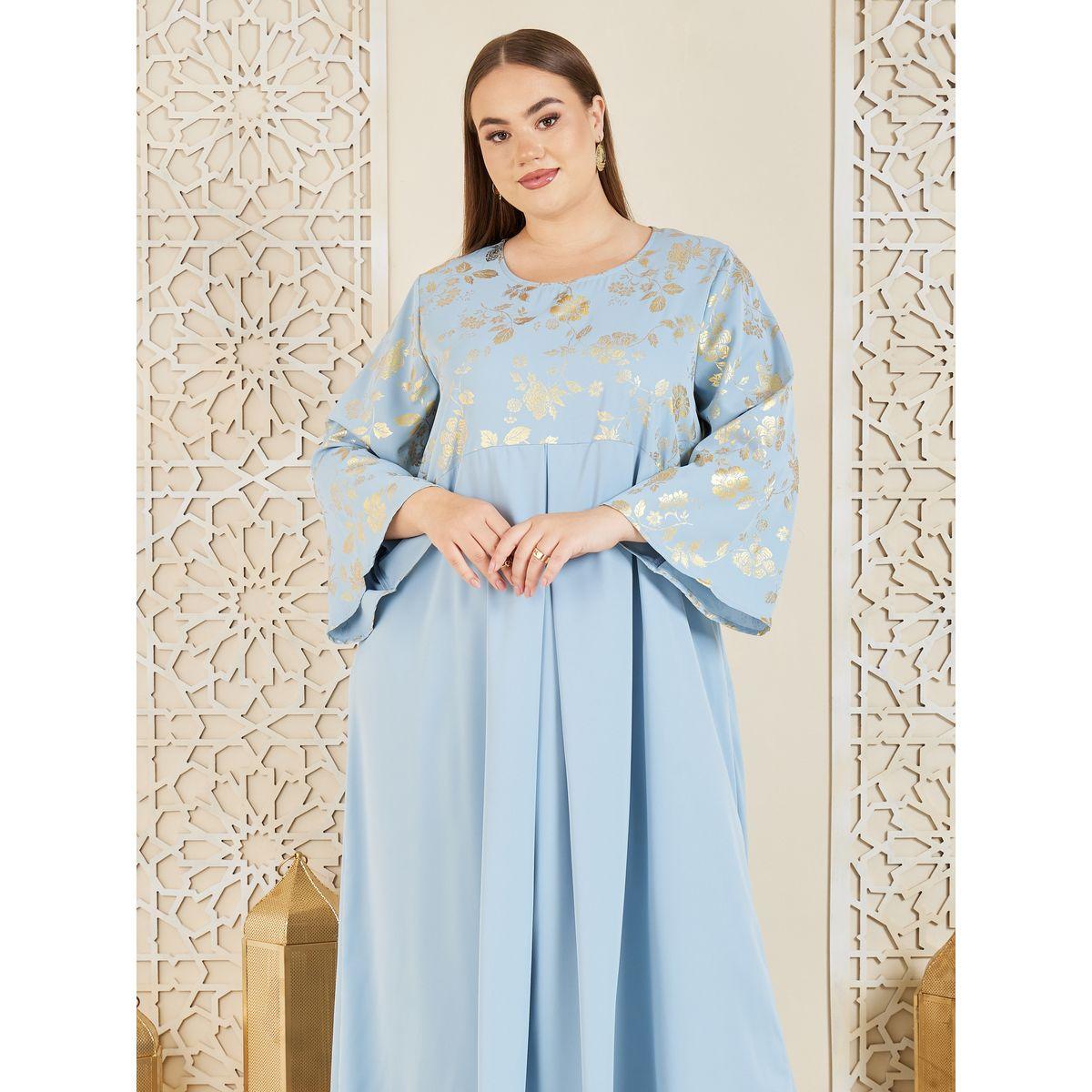 Styli Plus Foil Print Bow Pleat Jalabiya-women-arabicclothing-jalabiyas-image-2