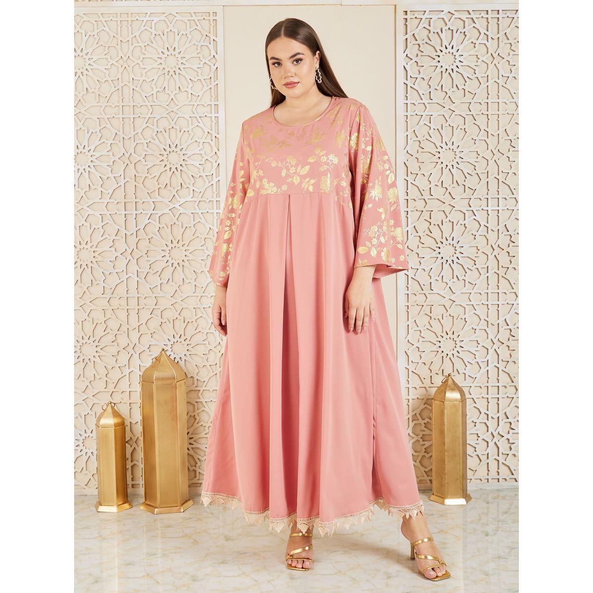 جلابية بمقاس كبير وطبعة زهور فويل-women-arabicclothing-jalabiyas-image-1
