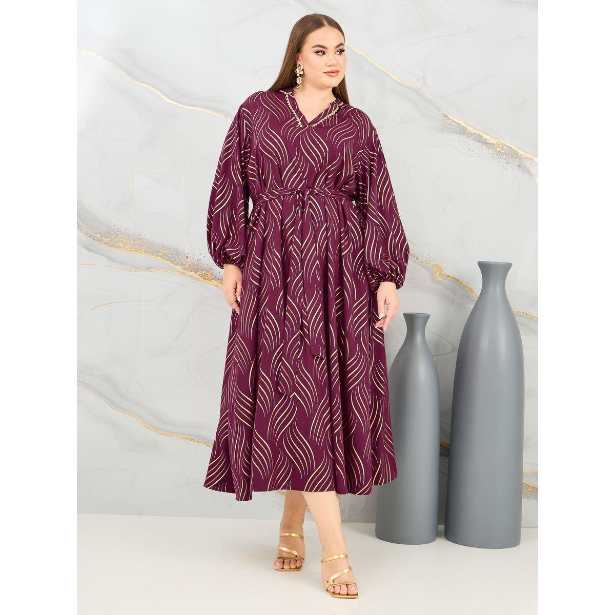 Styli Plus Foil Print Lace Trim Jalabiya-women-arabicclothing-jalabiyas-image-1