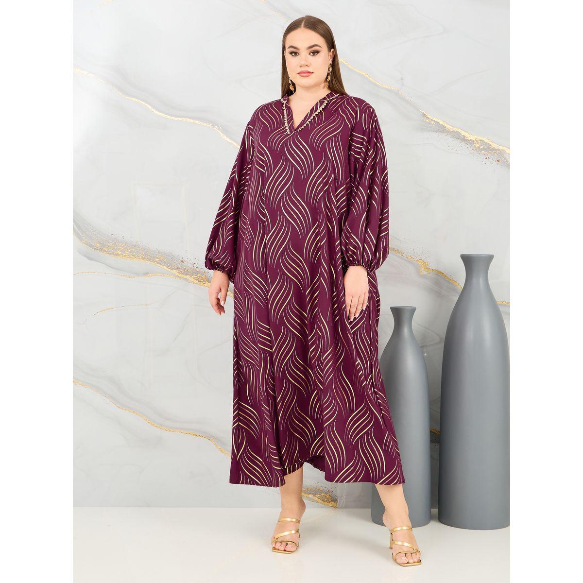 Styli Plus Foil Print Lace Trim Jalabiya-women-arabicclothing-jalabiyas-image-3