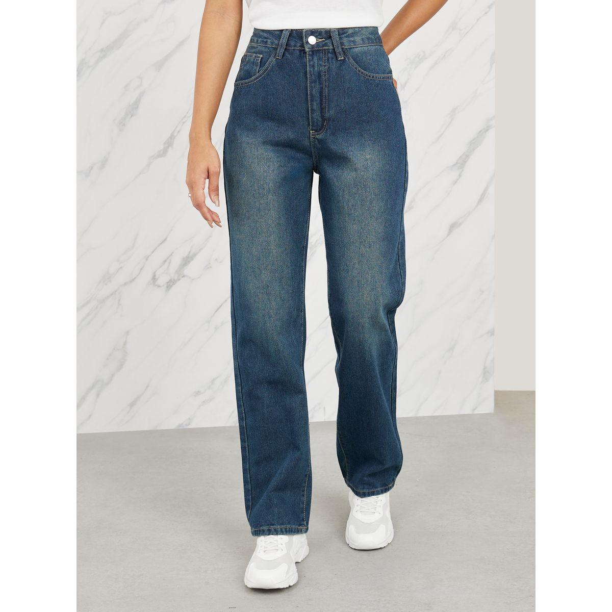 جينز بقصة مستقيمة وتفاصيل باهتة-women-clothing-bottoms-jeans-image-1