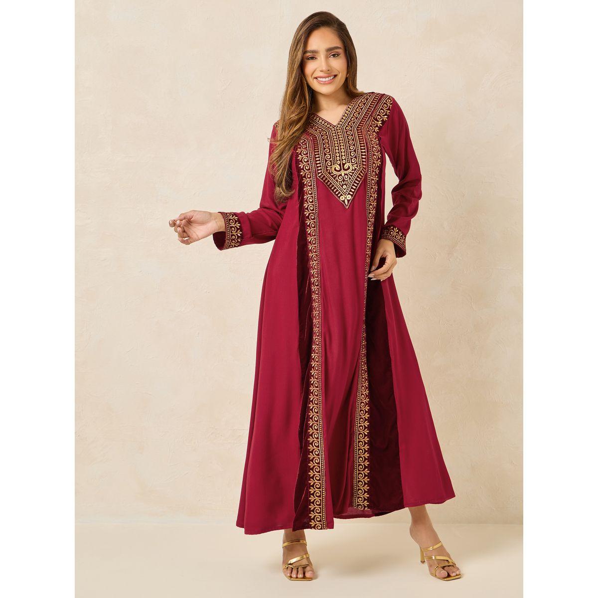 Maxim Creation Embroidered Jalabiya with V Neck-women-arabicclothing-jalabiyas-image-1