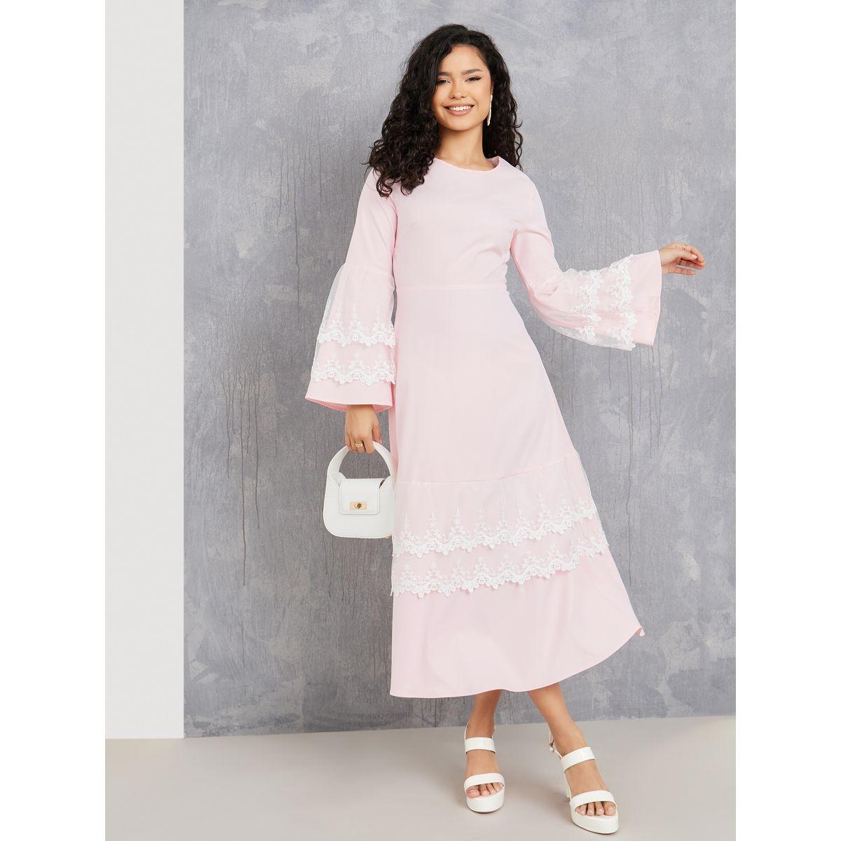 Styli Lace Frill Detail Flute Sleeve A-Line Maxi Dress-women-clothing-dresses-image-1
