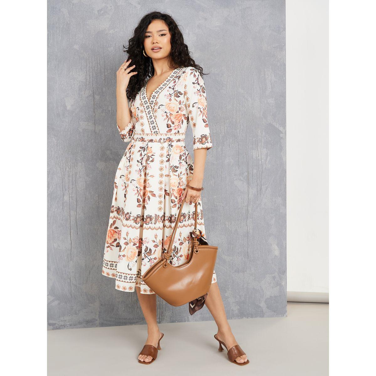 Styli Bow Pleats Floral Print V Neck Midi Dress-women-clothing-dresses-image-1