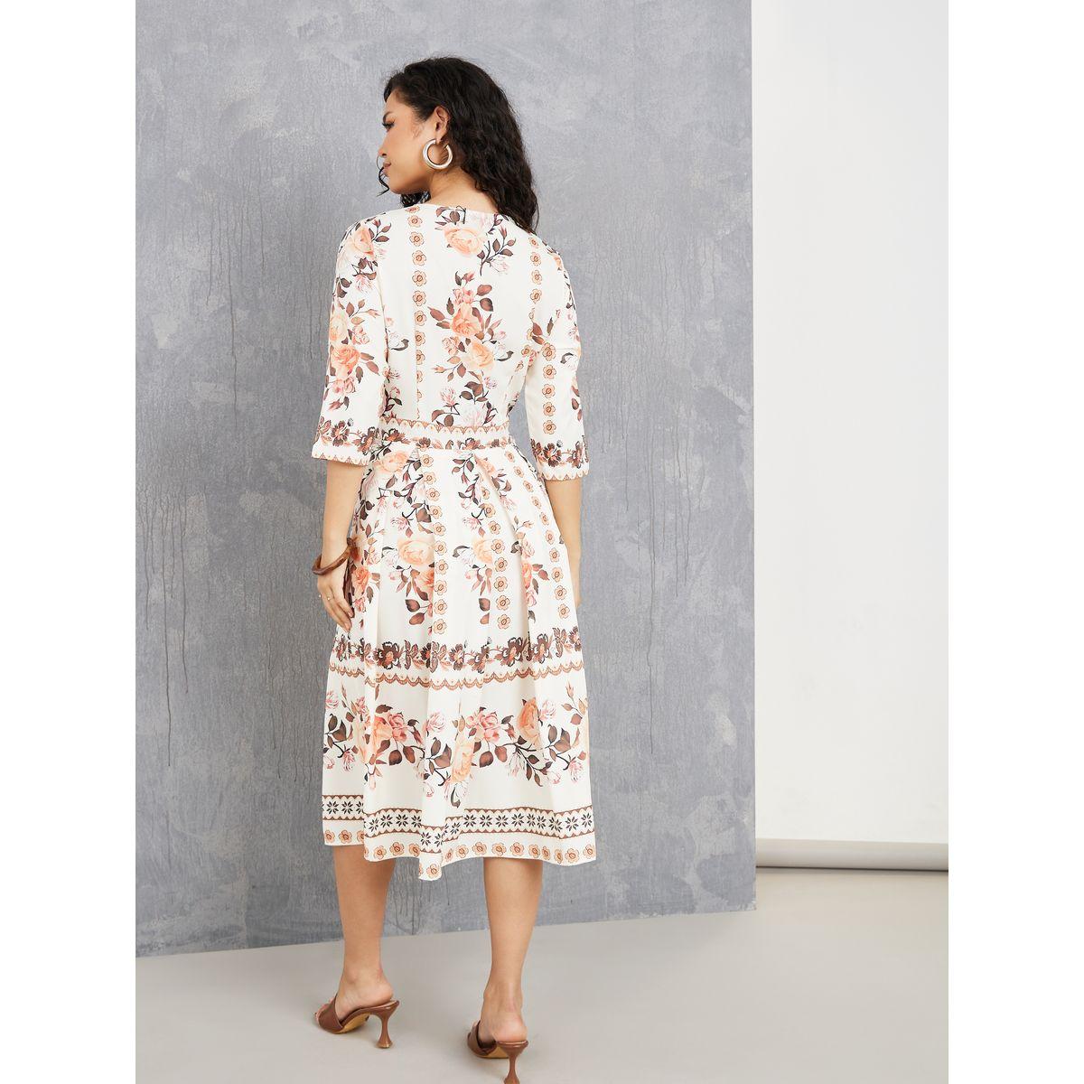 Styli Bow Pleats Floral Print V Neck Midi Dress-women-clothing-dresses-image-4