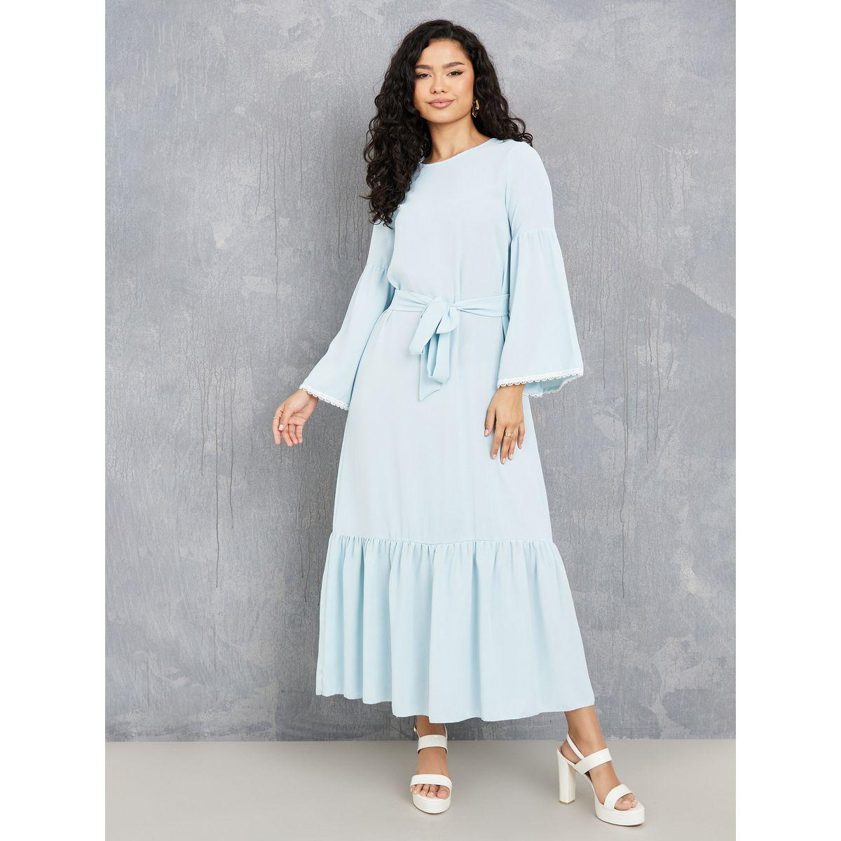 Styli Lace Trim Flute Sleeves Tiered Maxi Dress-women-clothing-dresses-image-1
