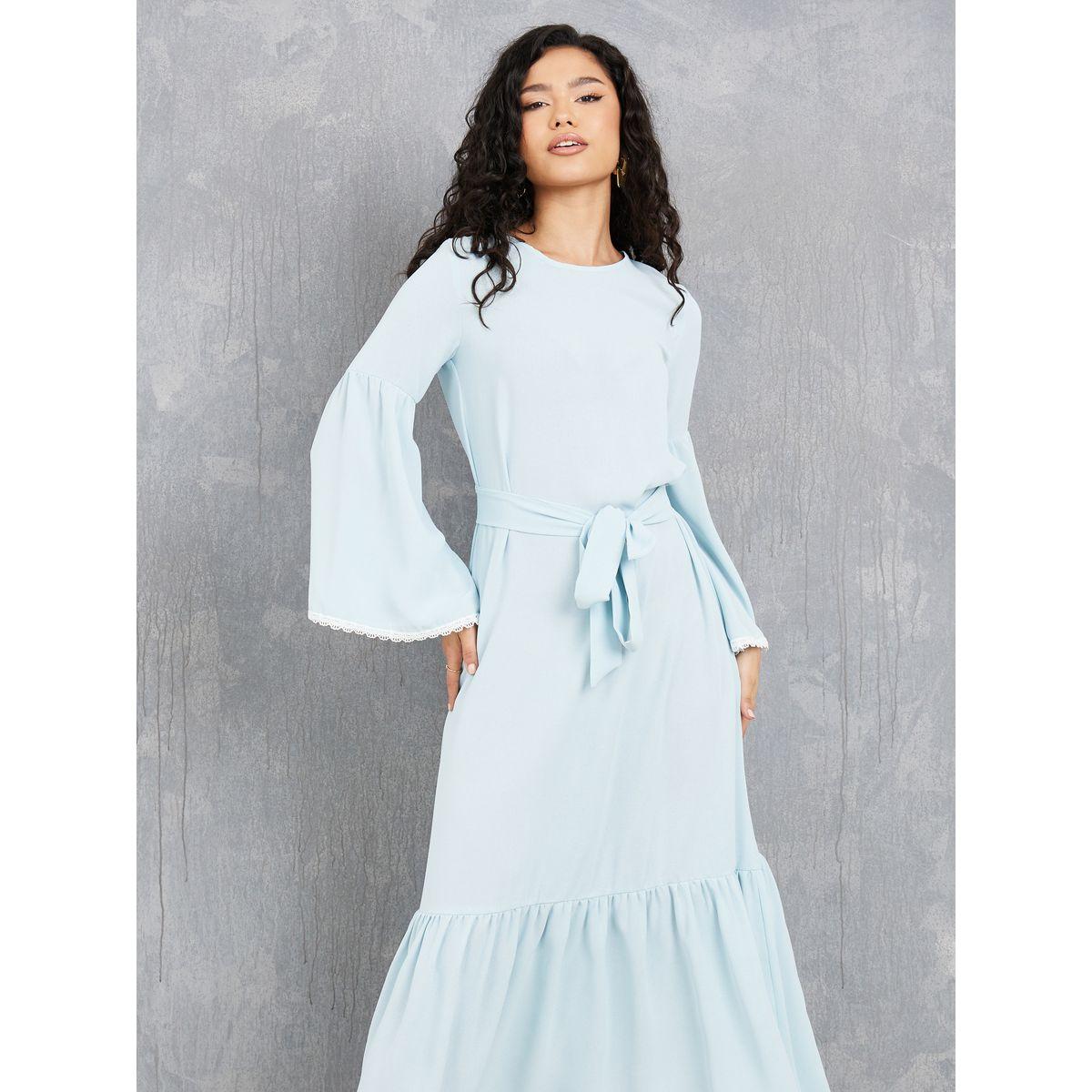 Styli Lace Trim Flute Sleeves Tiered Maxi Dress-women-clothing-dresses-image-2