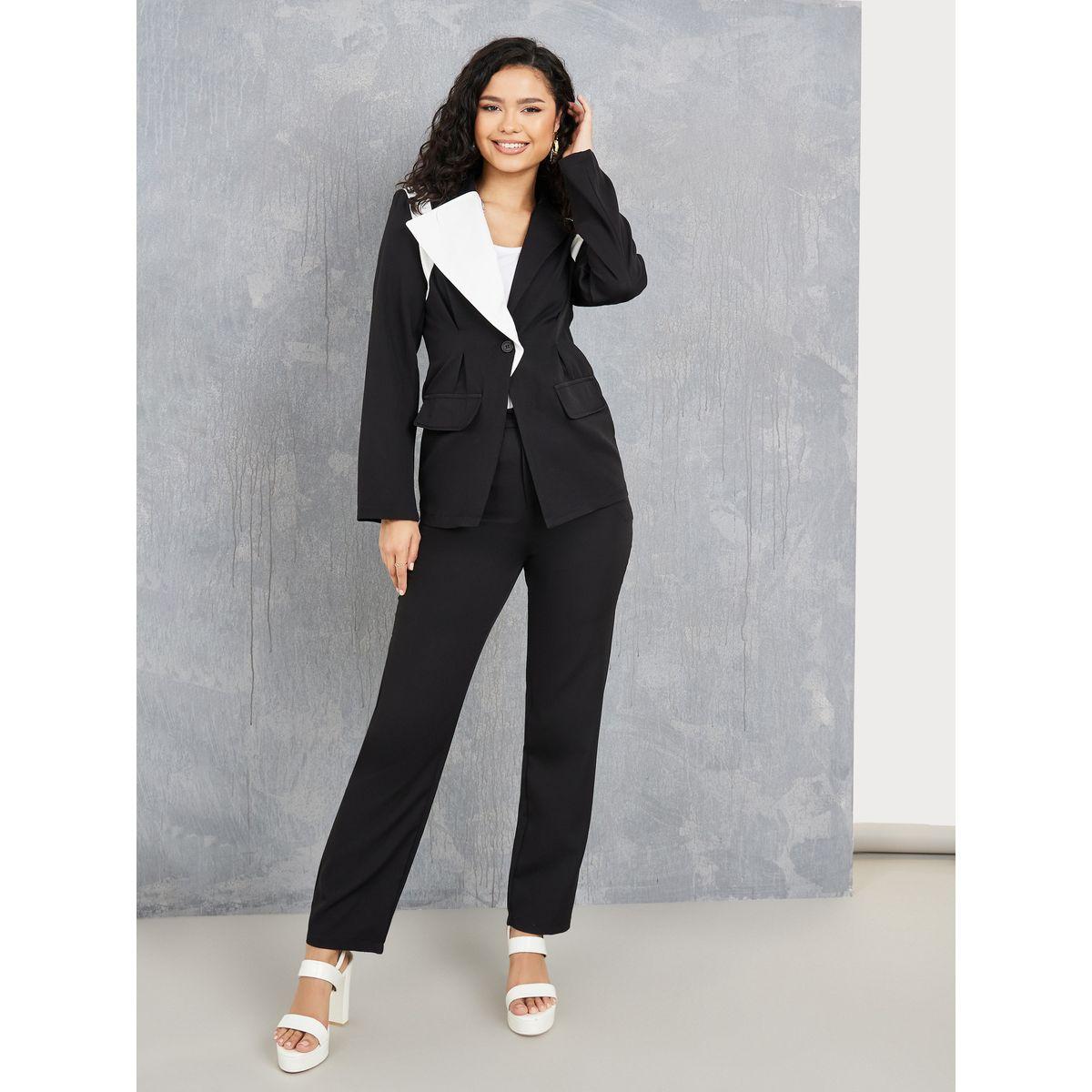 Styli Tailored Colorblock Blazer and Straight Leg Pants Co-Ord-women-clothing-coordsets-image-1