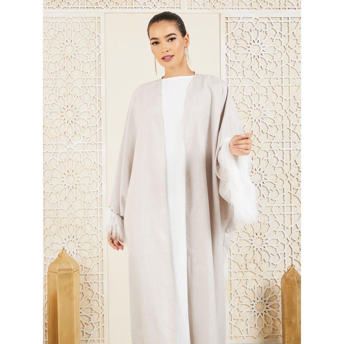 Styli Faux Feather Pearl Trim Textured Abaya-women-arabicclothing-abayas-image-2