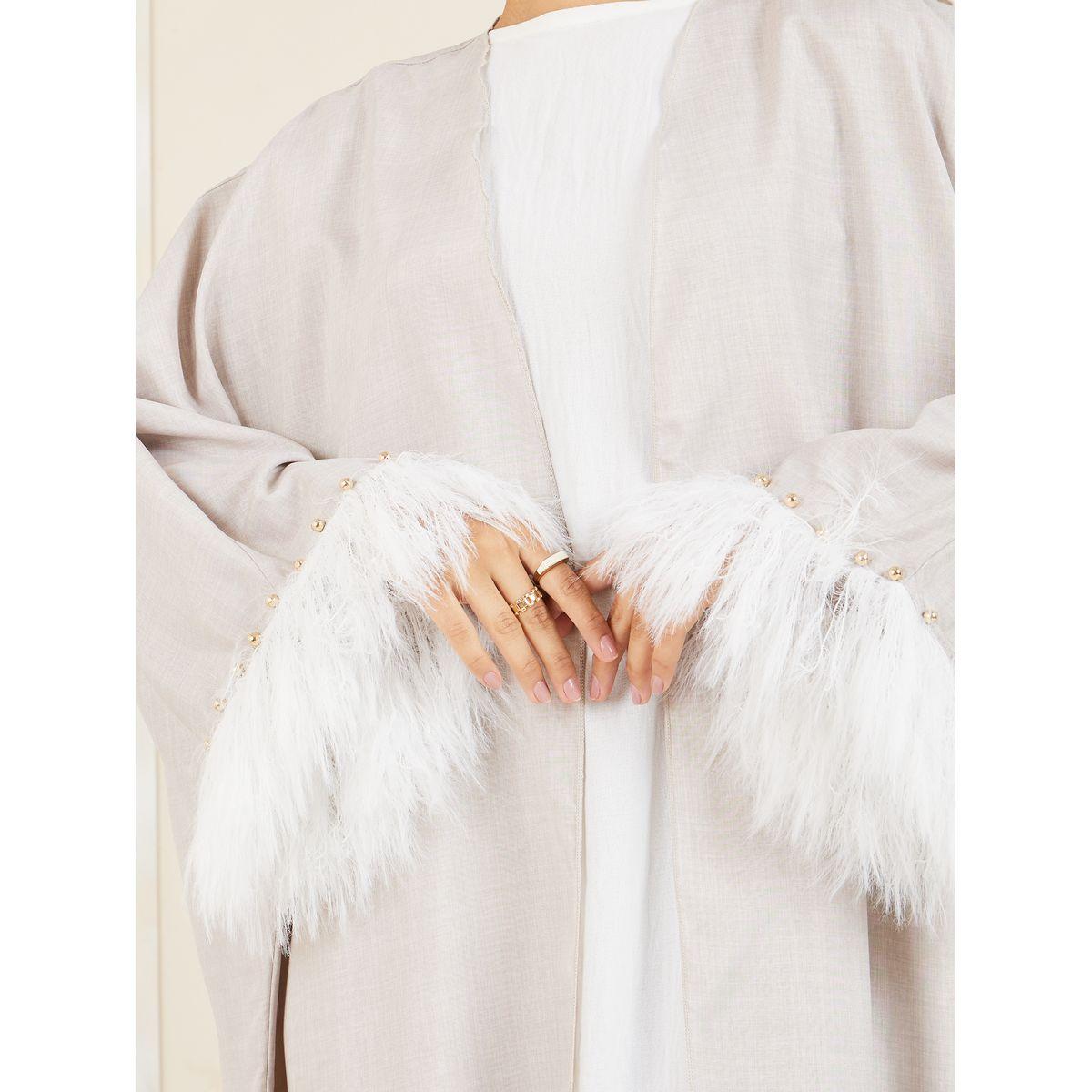 Styli Faux Feather Pearl Trim Textured Abaya-women-arabicclothing-abayas-image-3