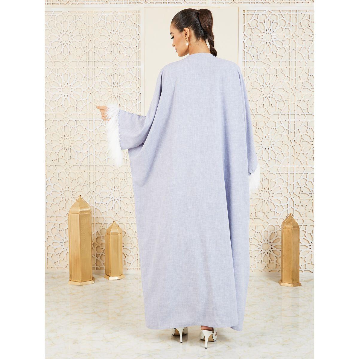 Styli Faux Feather Pearl Trim Textured Abaya-women-arabicclothing-abayas-image-5