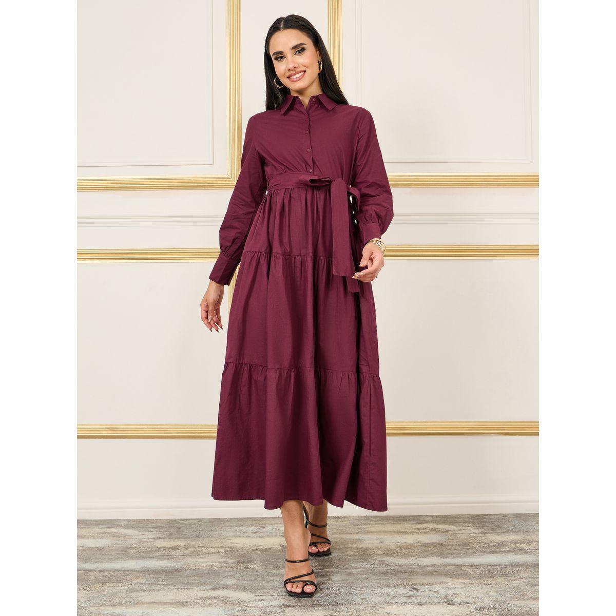 Styli Limited Cotton Poplin Collared Tiered Maxi Dress with Self Tie Up-women-clothing-dresses-image-1