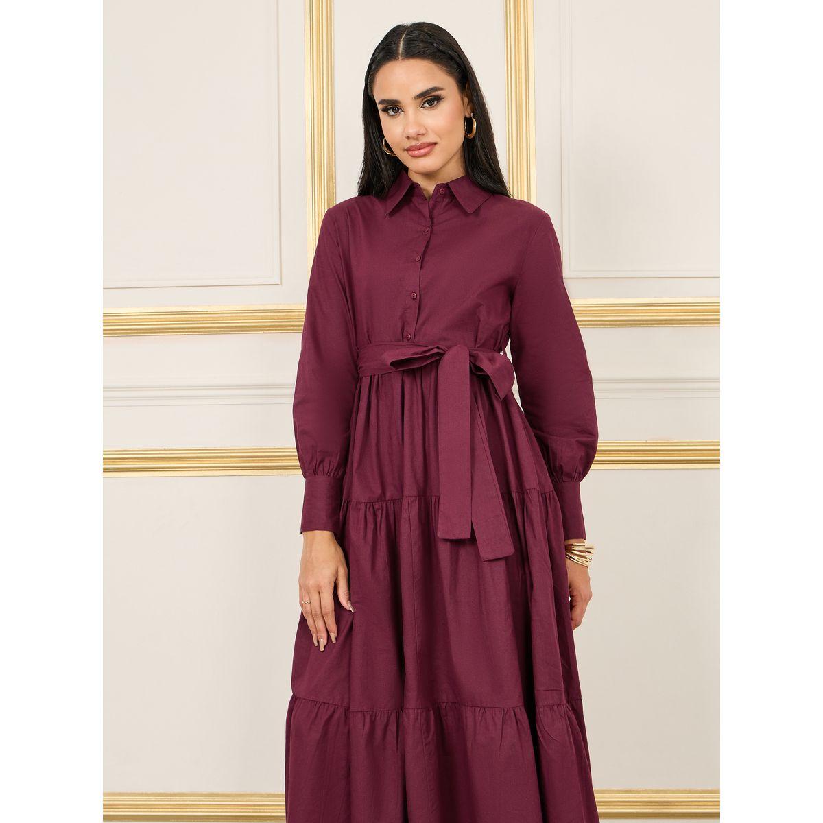 Styli Limited Cotton Poplin Collared Tiered Maxi Dress with Self Tie Up-women-clothing-dresses-image-2