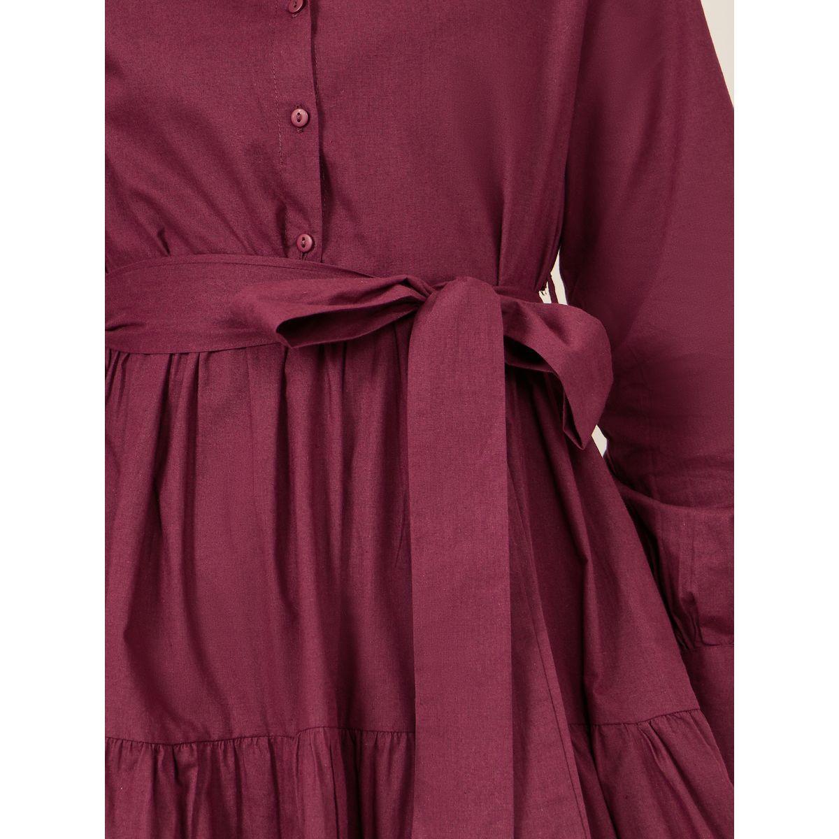 Styli Limited Cotton Poplin Collared Tiered Maxi Dress with Self Tie Up-women-clothing-dresses-image-3