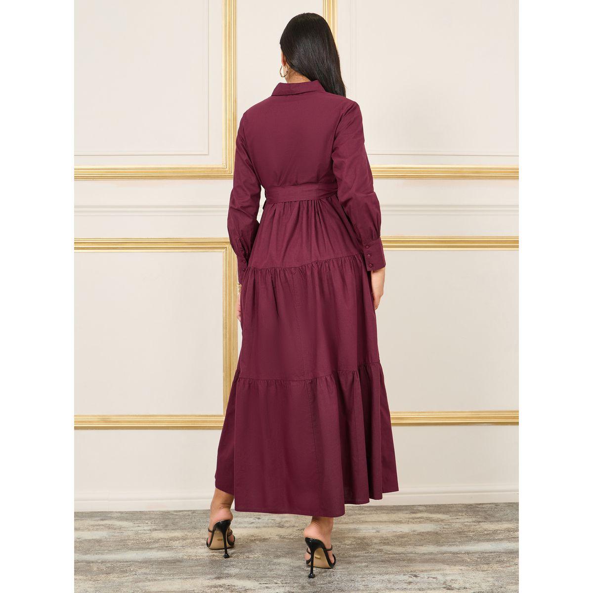 Styli Limited Cotton Poplin Collared Tiered Maxi Dress with Self Tie Up-women-clothing-dresses-image-4