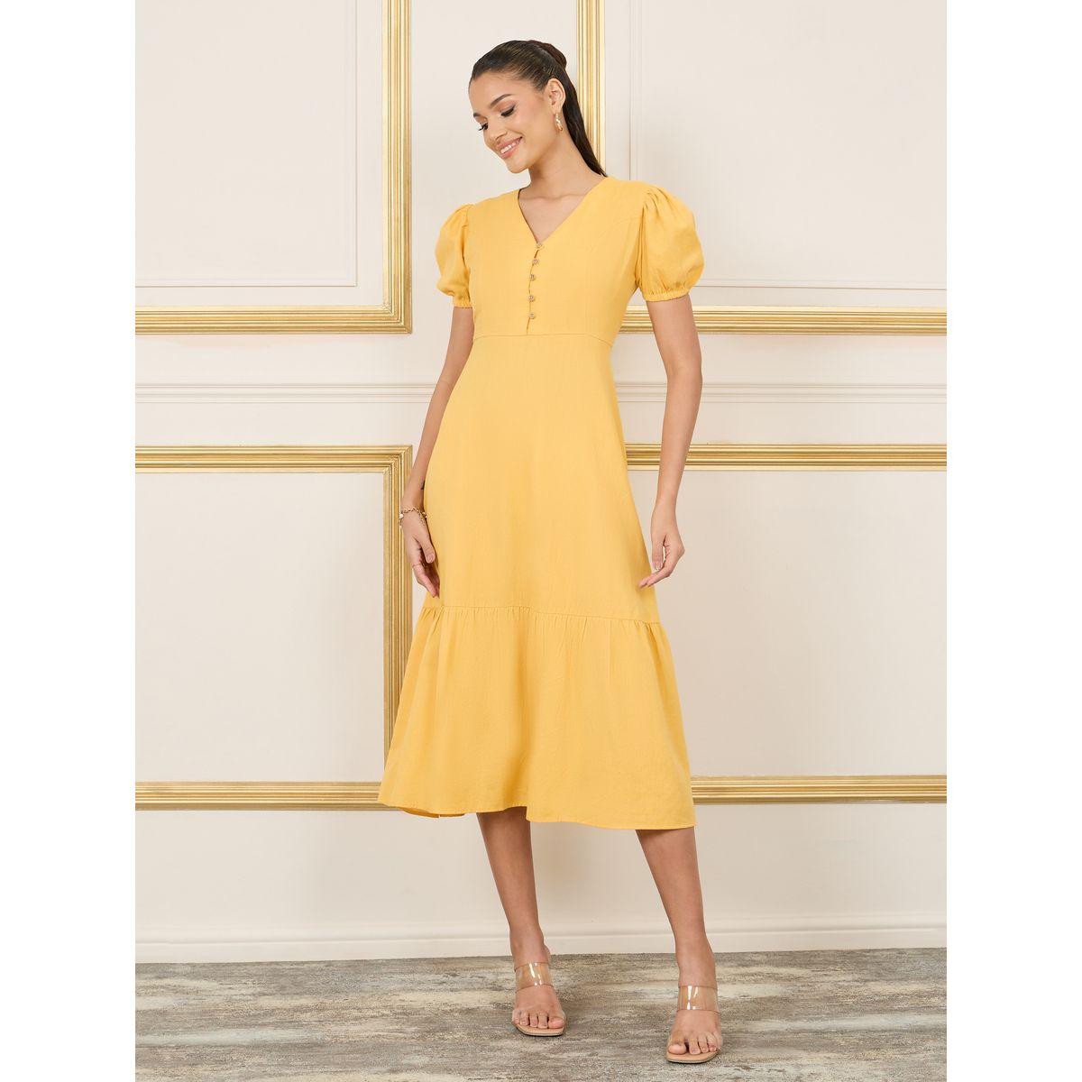 فستان ميدي باكمام منفوخة وازرار-women-clothing-dresses-image-1