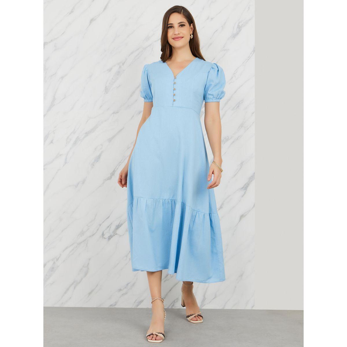 فستان ميدي باكمام منفوخة وأزرار-women-clothing-dresses-image-1