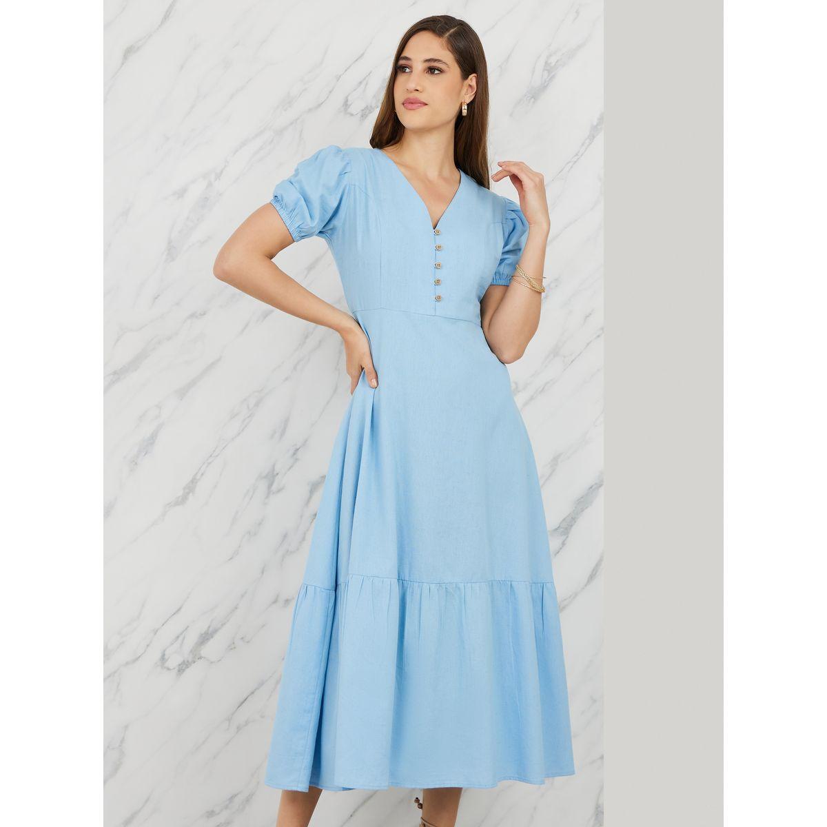 Styli Button Detail Puff Sleeves A-Line Midi Dress-women-clothing-dresses-image-2