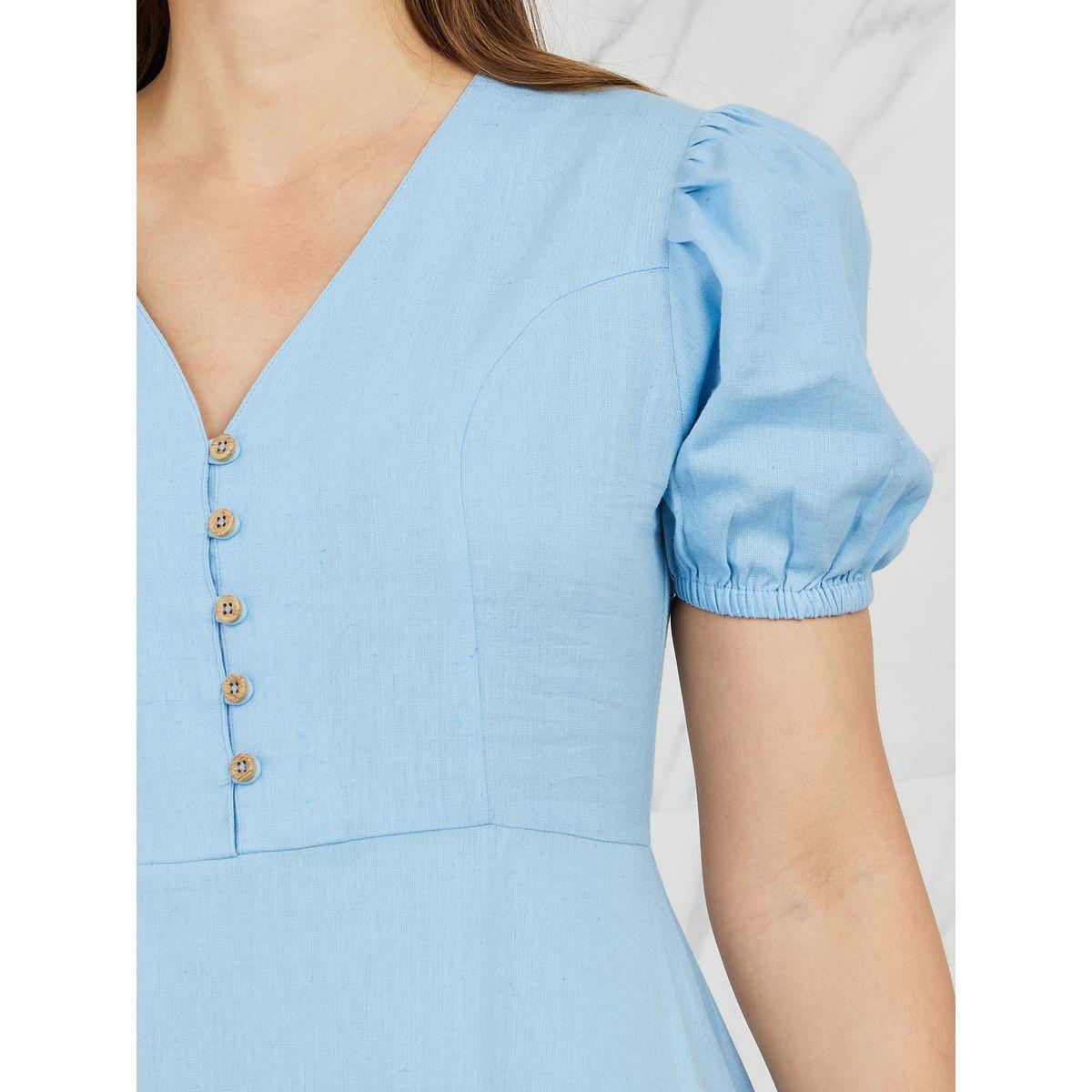 فستان ميدي باكمام منفوخة وأزرار-women-clothing-dresses-image-3