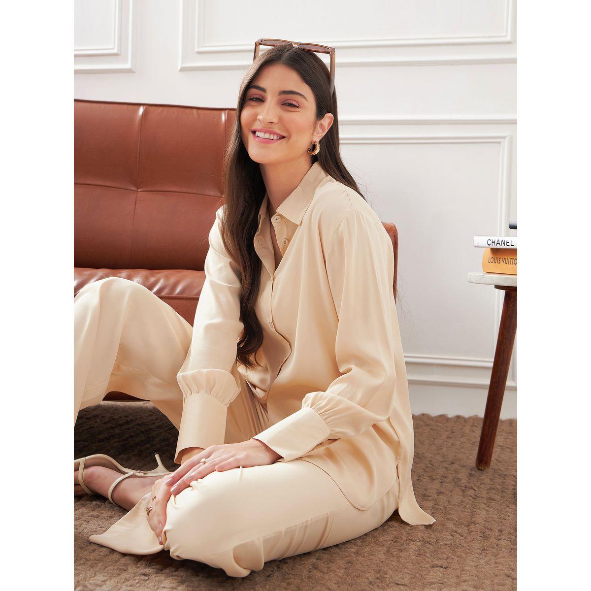 Solid Collared Shirt & Straight Fit Trouser Co-Ords-women-clothing-coordsets-image-1