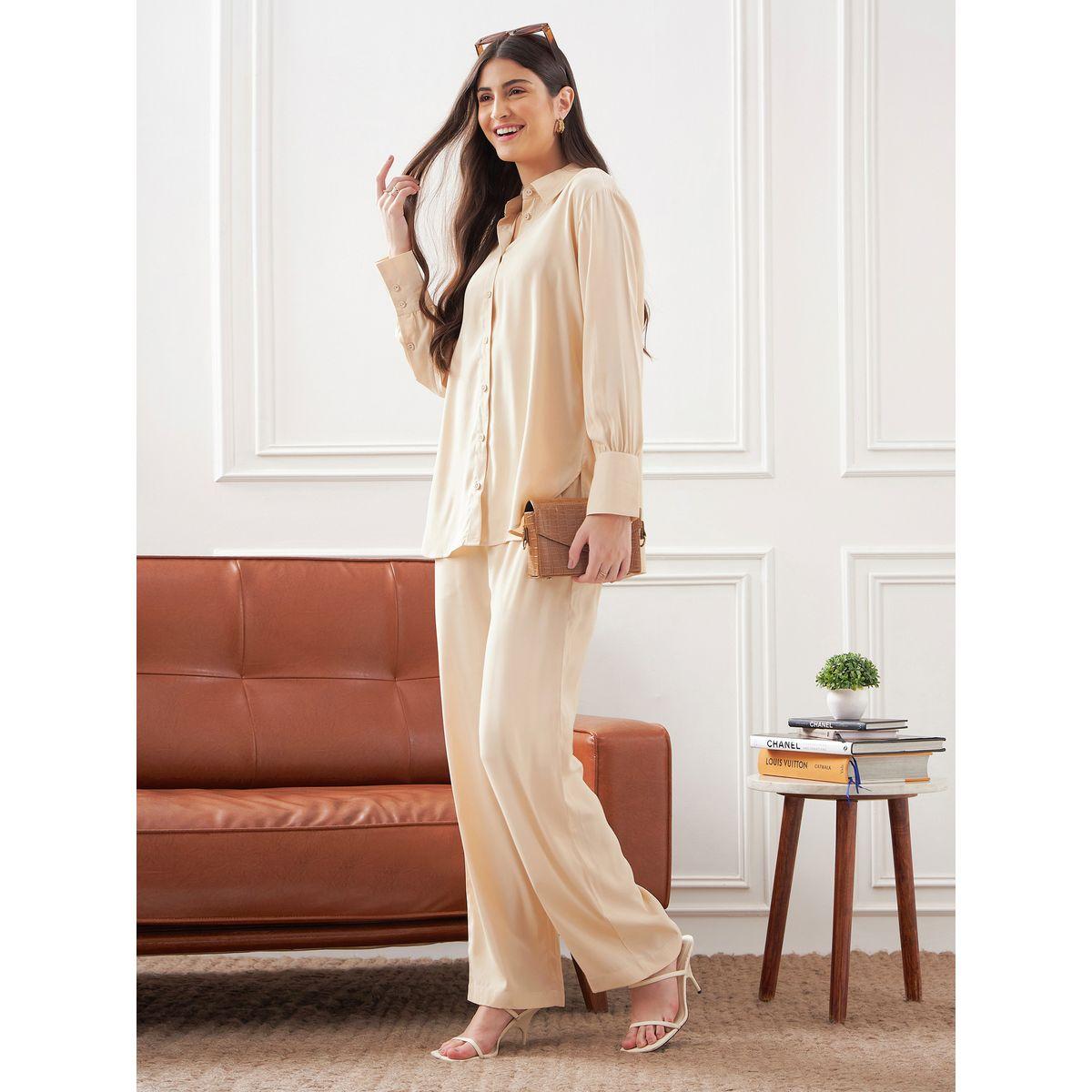 Solid Collared Shirt & Straight Fit Trouser Co-Ords-women-clothing-coordsets-image-2