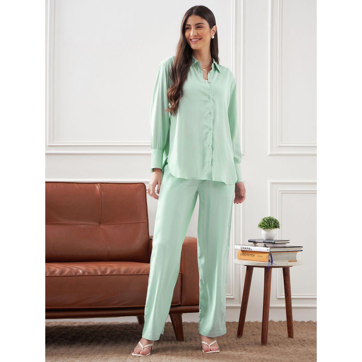 Solid Collared Shirt & Straight Fit Trouser Co-Ords-women-clothing-coordsets-image-1