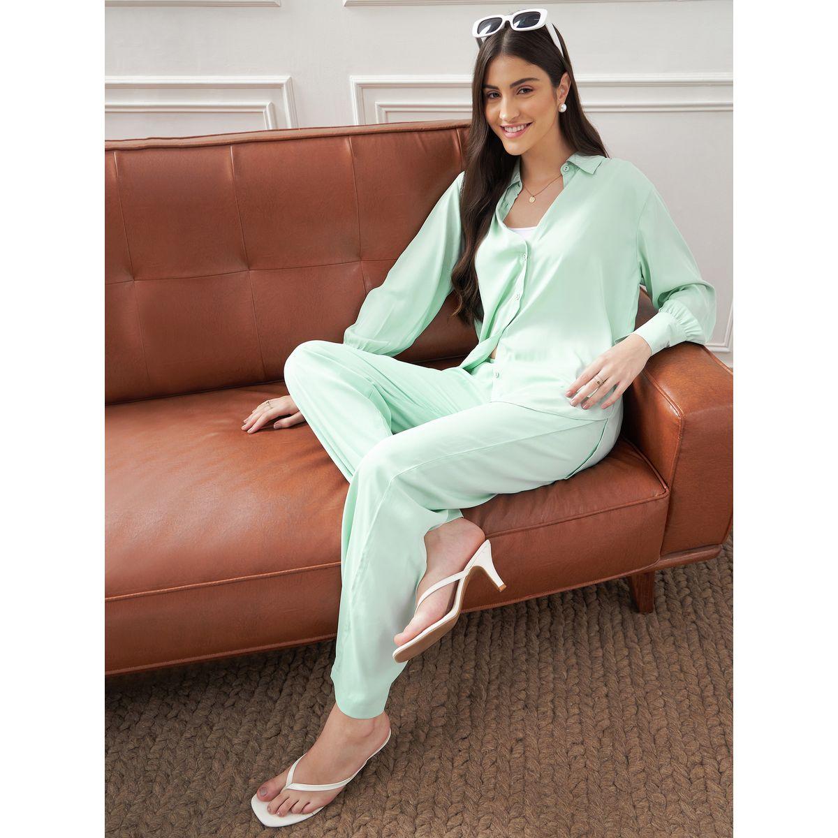 Solid Collared Shirt & Straight Fit Trouser Co-Ords-women-clothing-coordsets-image-2