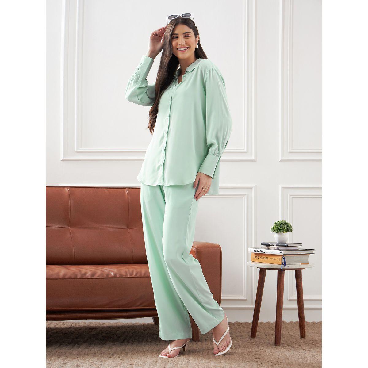 Solid Collared Shirt & Straight Fit Trouser Co-Ords-women-clothing-coordsets-image-3