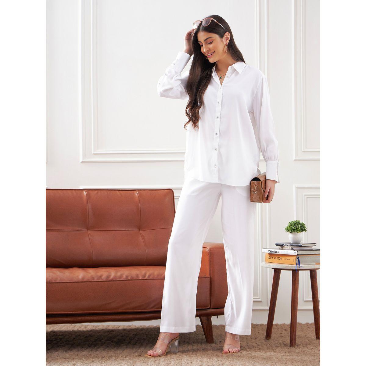 Solid Collared Shirt & Straight Fit Trouser Co-Ords-women-clothing-coordsets-image-2