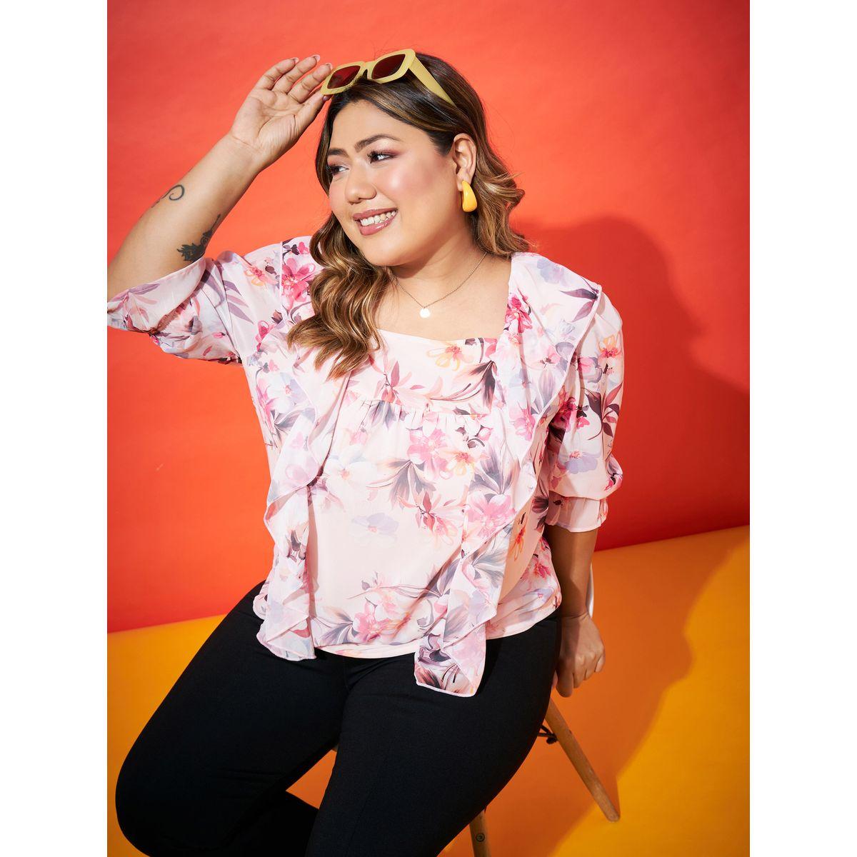 Plus Floral Print Frill Panel Blouse-women-clothing-shirtsandblouses-blouses-image-1