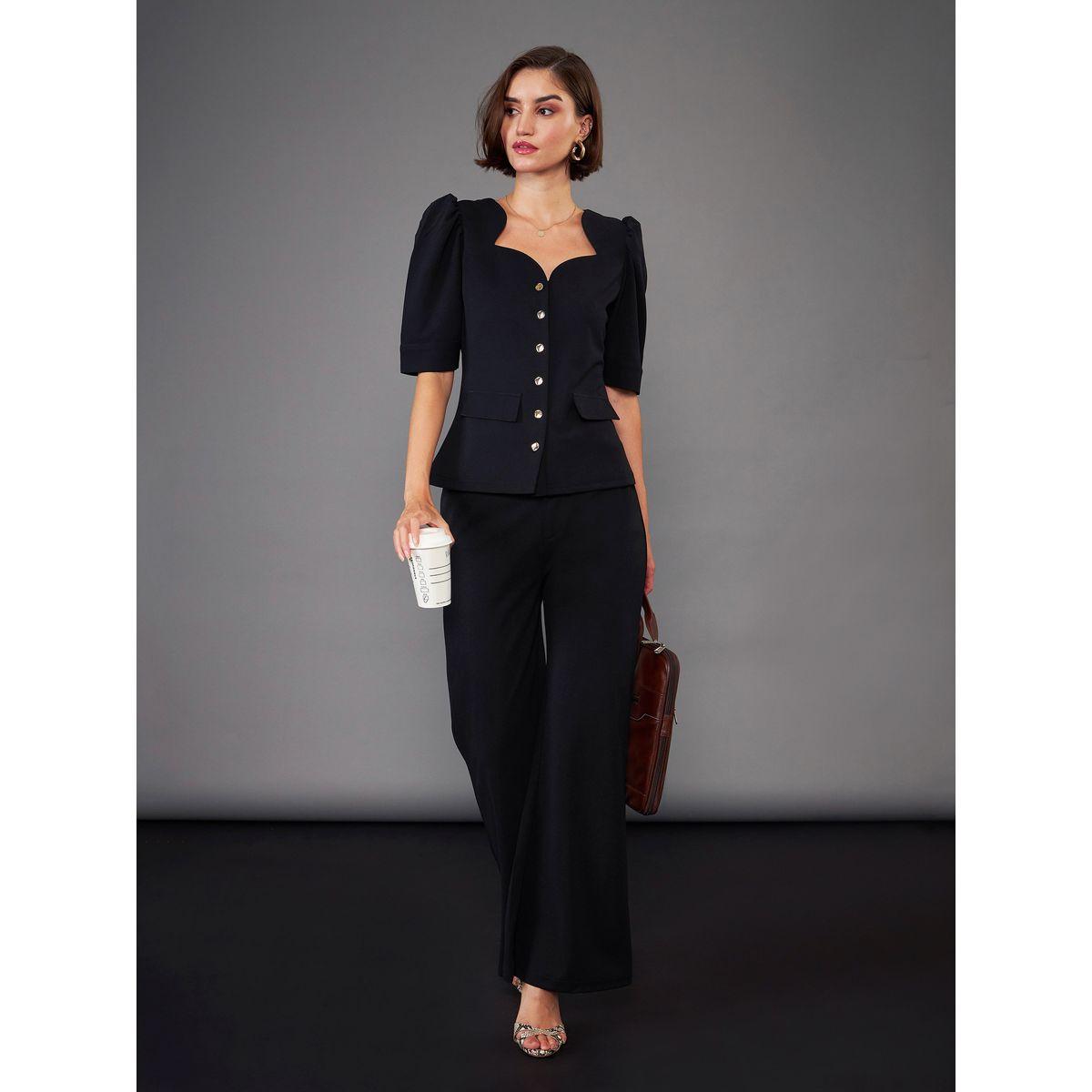 Puff Sleeves Top & Bell Bottom Pants Co-Ords-women-clothing-coordsets-image-1