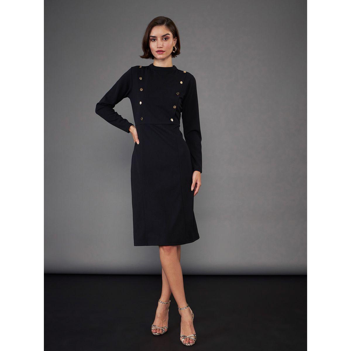 High Neck Button Yoke Detail Knee Length Dress-women-clothing-dresses-image-1