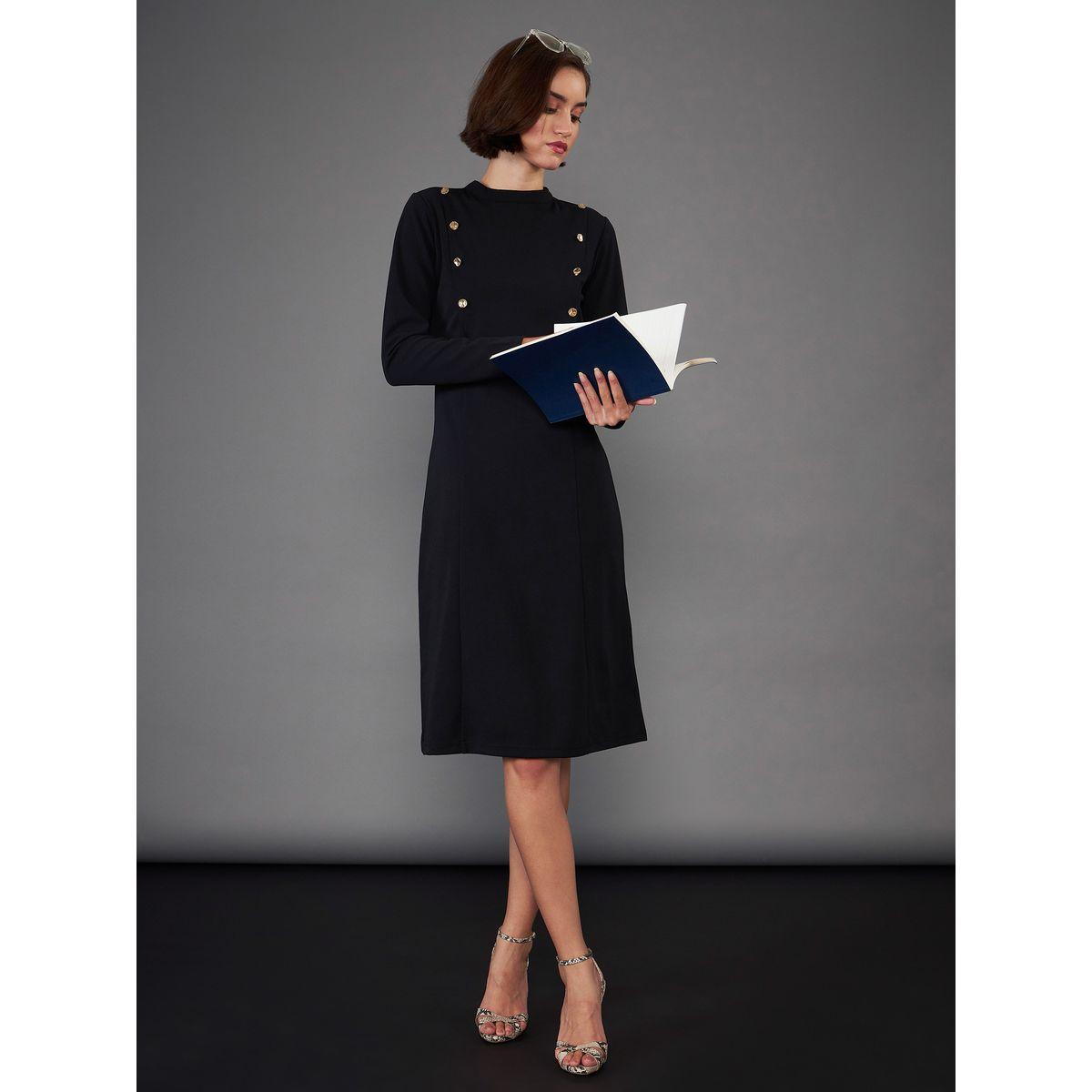High Neck Button Yoke Detail Knee Length Dress-women-clothing-dresses-image-2