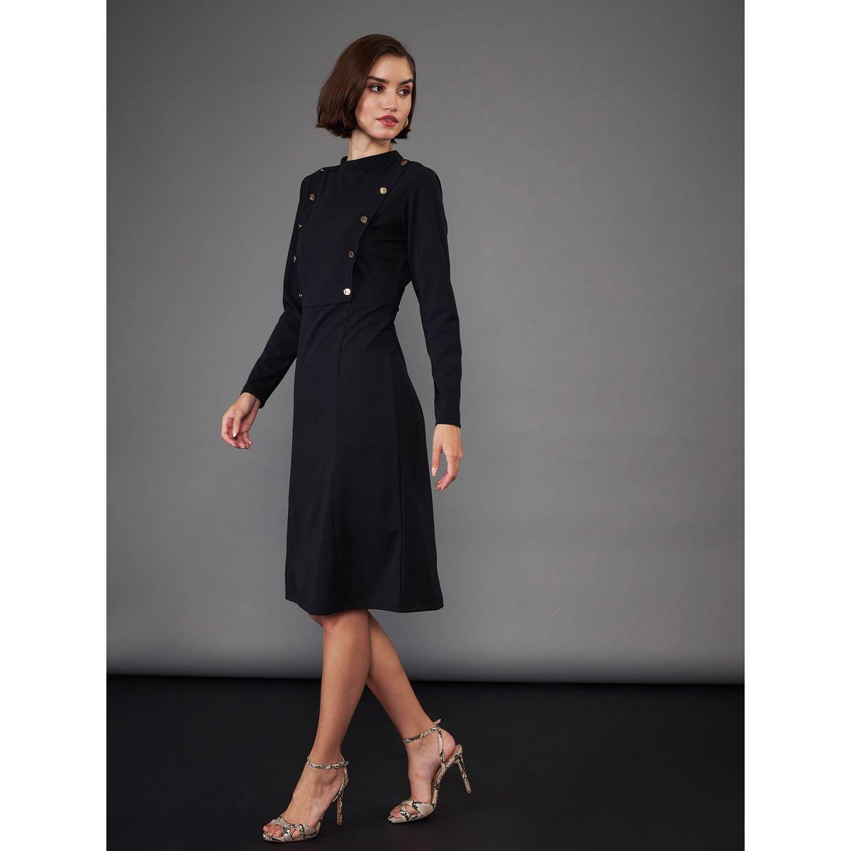 High Neck Button Yoke Detail Knee Length Dress-women-clothing-dresses-image-3