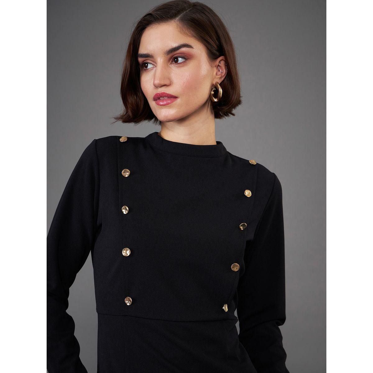 High Neck Button Yoke Detail Knee Length Dress-women-clothing-dresses-image-4