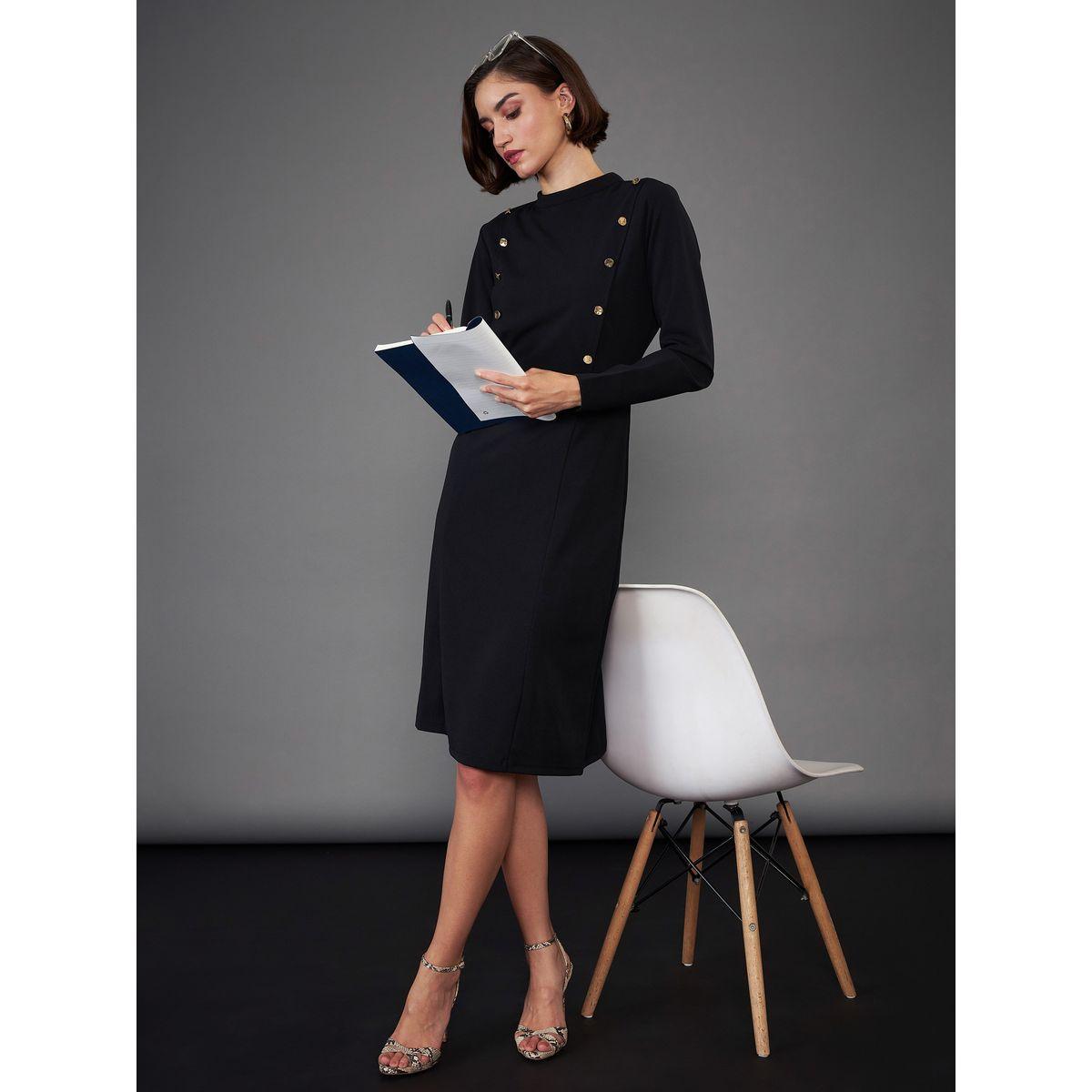 High Neck Button Yoke Detail Knee Length Dress-women-clothing-dresses-image-6