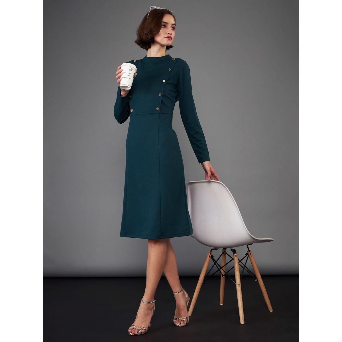 High Neck Button Yoke Detail Knee Length Dress-women-clothing-dresses-image-1